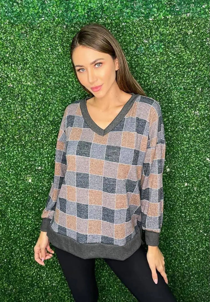 Navy, Charcoal, & Taupe Plaid Weekender-sweater-Sew in Love-Styled by Steph-Women's Fashion Clothing Boutique, Indiana