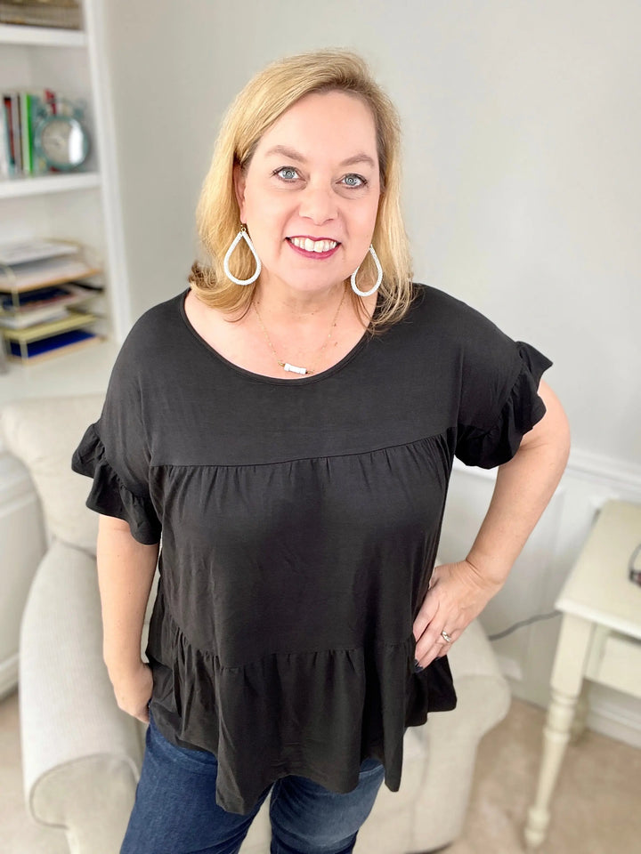 PLUS Black Shirred Short-Sleeve Top-short sleeve top-Ninexis-Styled by Steph-Women's Fashion Clothing Boutique, Indiana