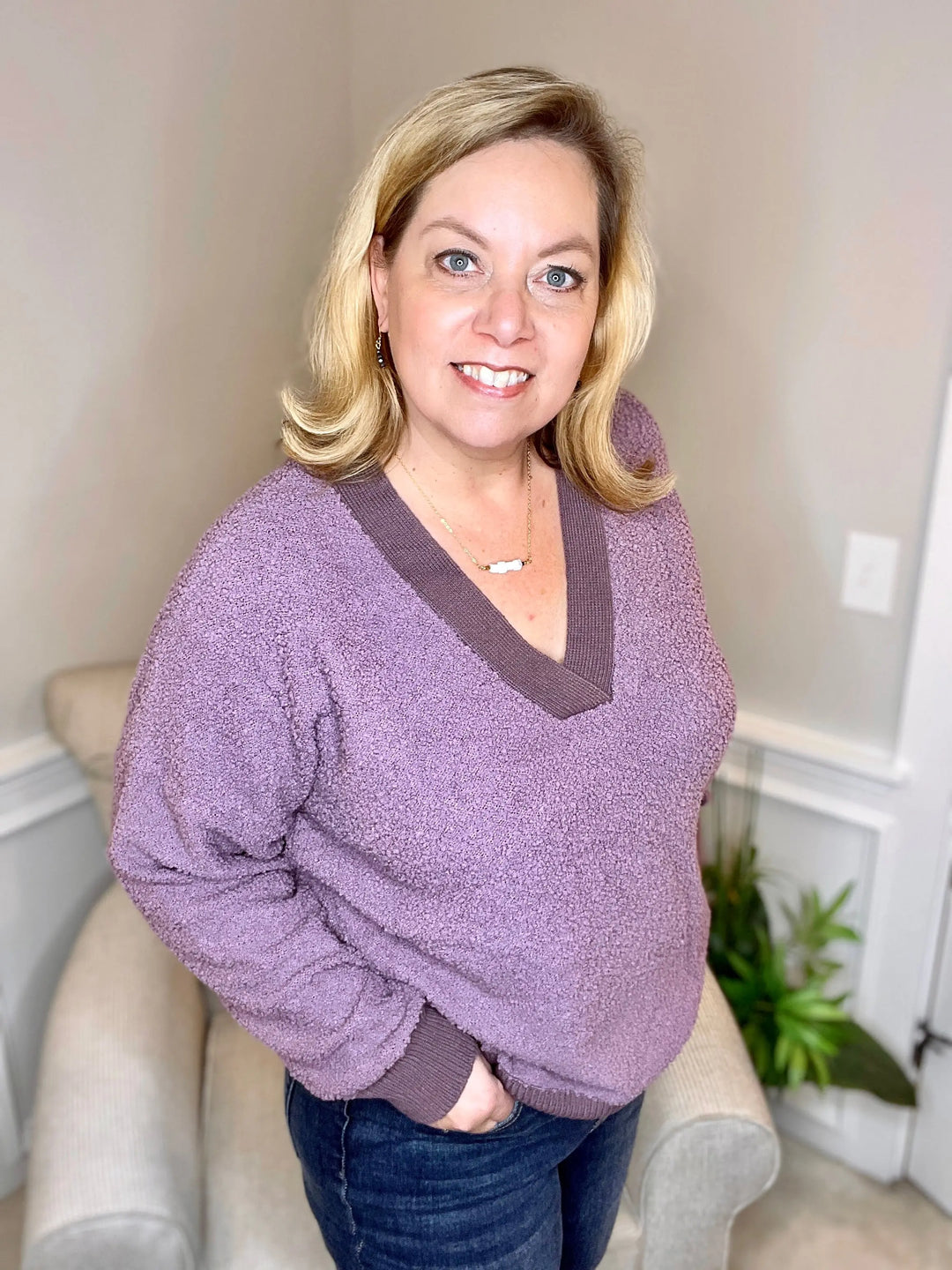 Purple V-Neck Popcorn Sweater-sweater-White Birch-Styled by Steph-Women's Fashion Clothing Boutique, Indiana