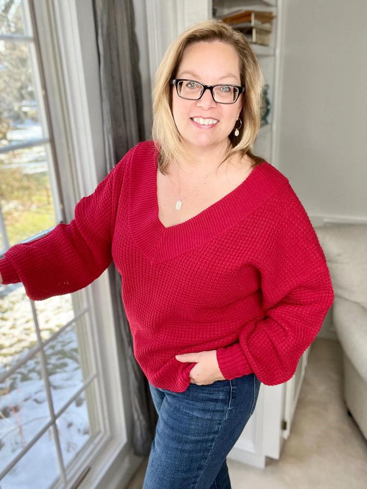 Red V-Neck Balloon Sleeve Sweater-sweater-Zenana-Styled by Steph-Women's Fashion Clothing Boutique, Indiana