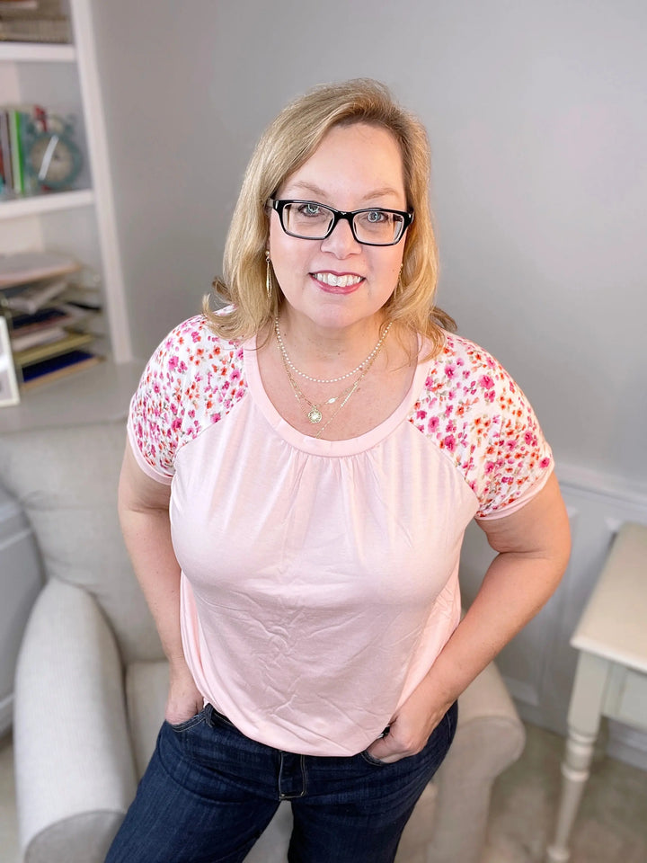 Short-Sleeve Pink Raglan Top with Floral Sleeves-short sleeve top-e. Luna-Styled by Steph-Women's Fashion Clothing Boutique, Indiana