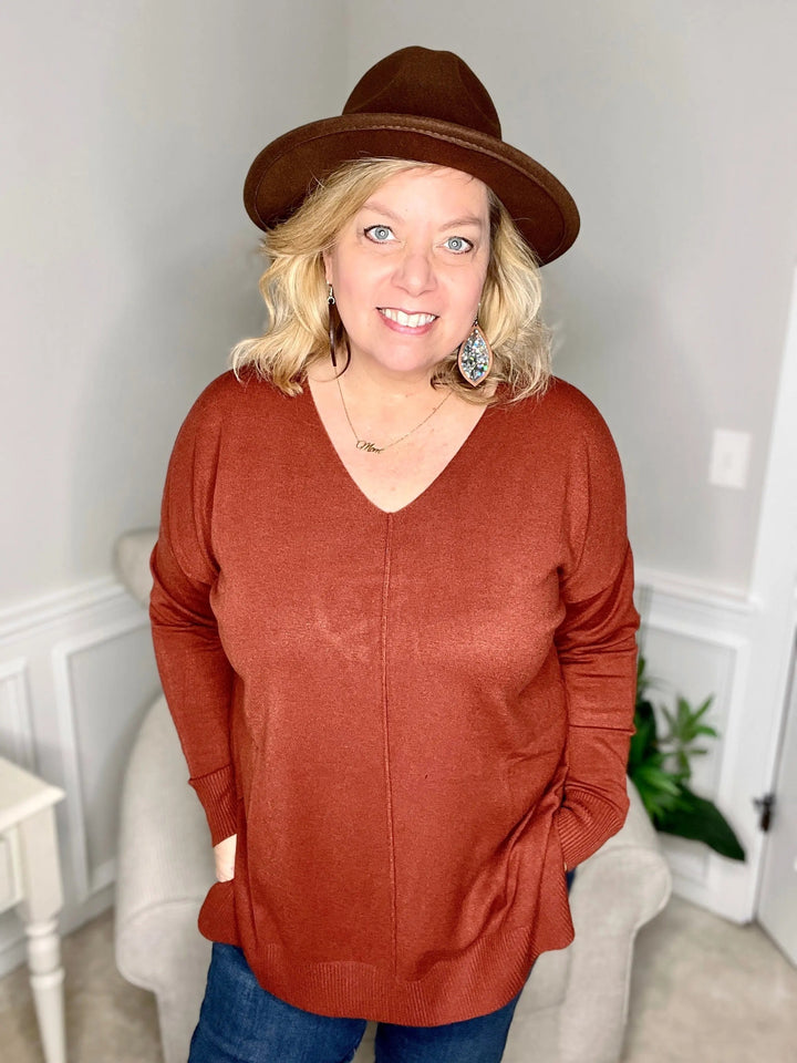The Absolutely Essential V-Neck Tunic - Chestnut-long sleeve top-Zenana-Styled by Steph-Women's Fashion Clothing Boutique, Indiana